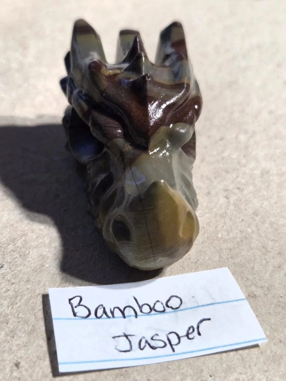 Detailed Bamboo Jasper Crystal Carved Dragon Head Stone Sculpture Decor